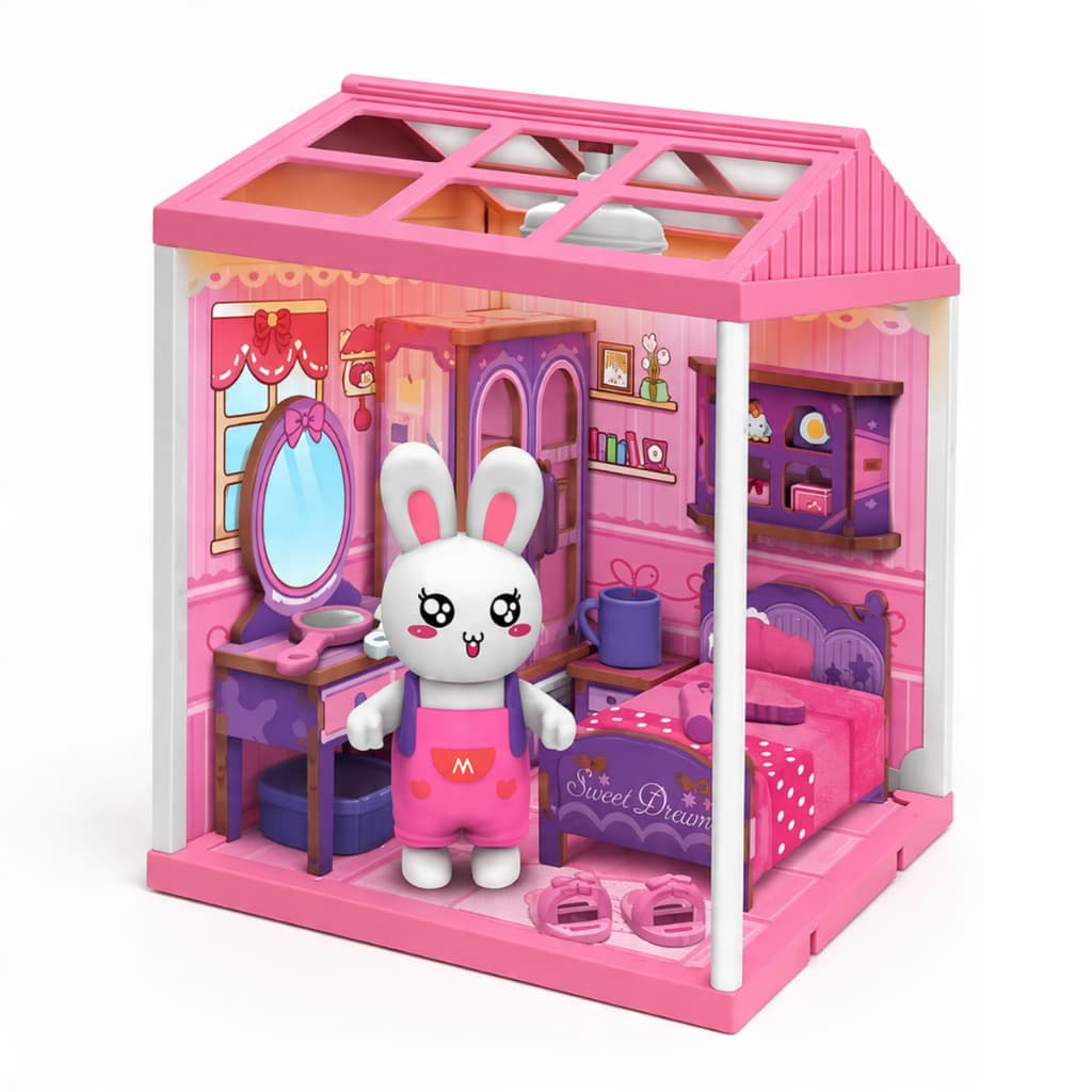 Mini Quarto Rosa Microcosm DIY Posto de Gasolina Brinquedo Miniatura