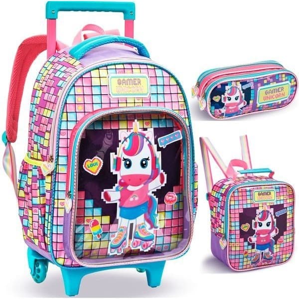 Kit Escolar Infantil Menina Unicórnio Gamer Mochila de Rodinhas Lancheira Térmica e Estojo 3 Peças Nova Rio