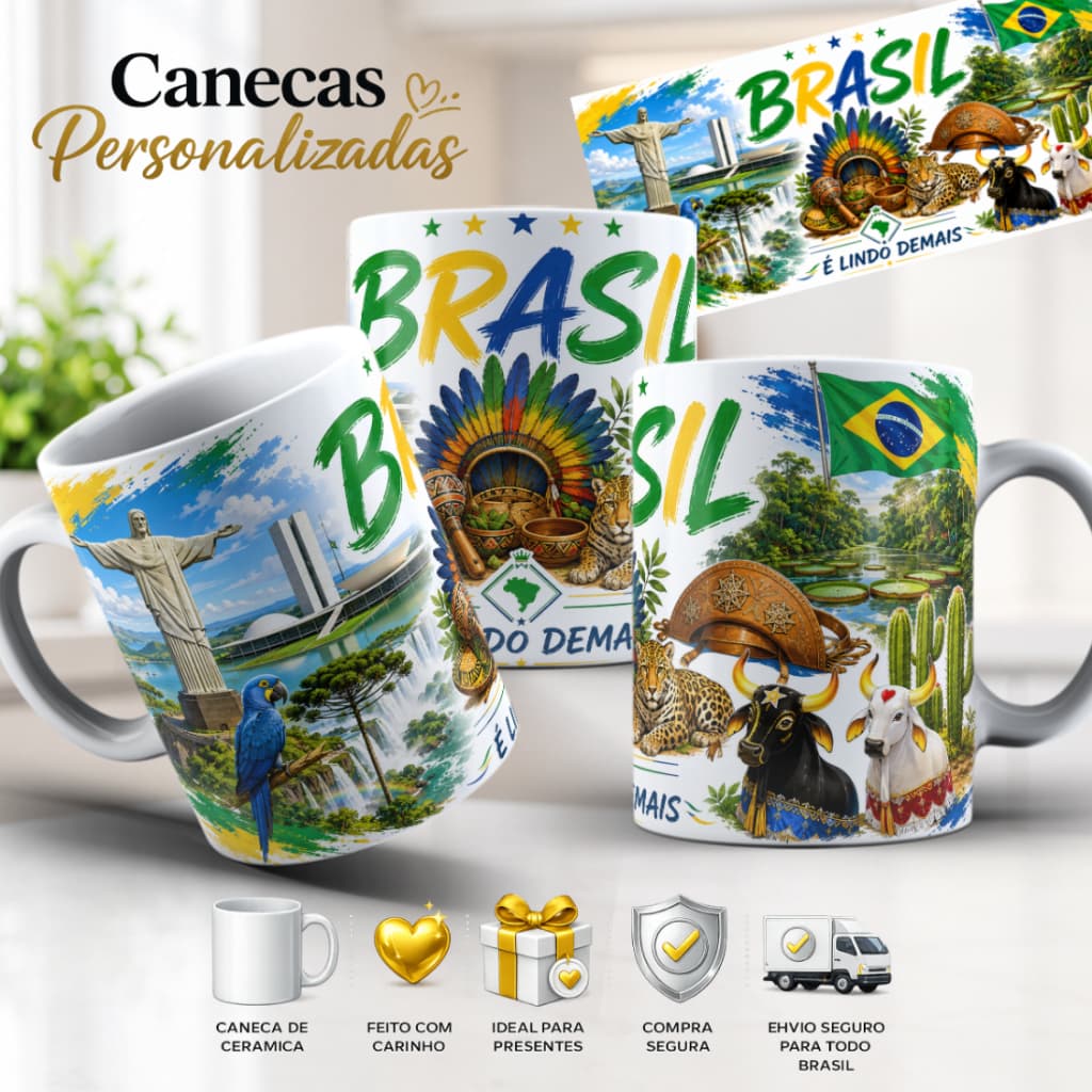 Caneca Brasil personalizada - Caneca Personalizada de Cerâmica 325ml Meu Brasil
