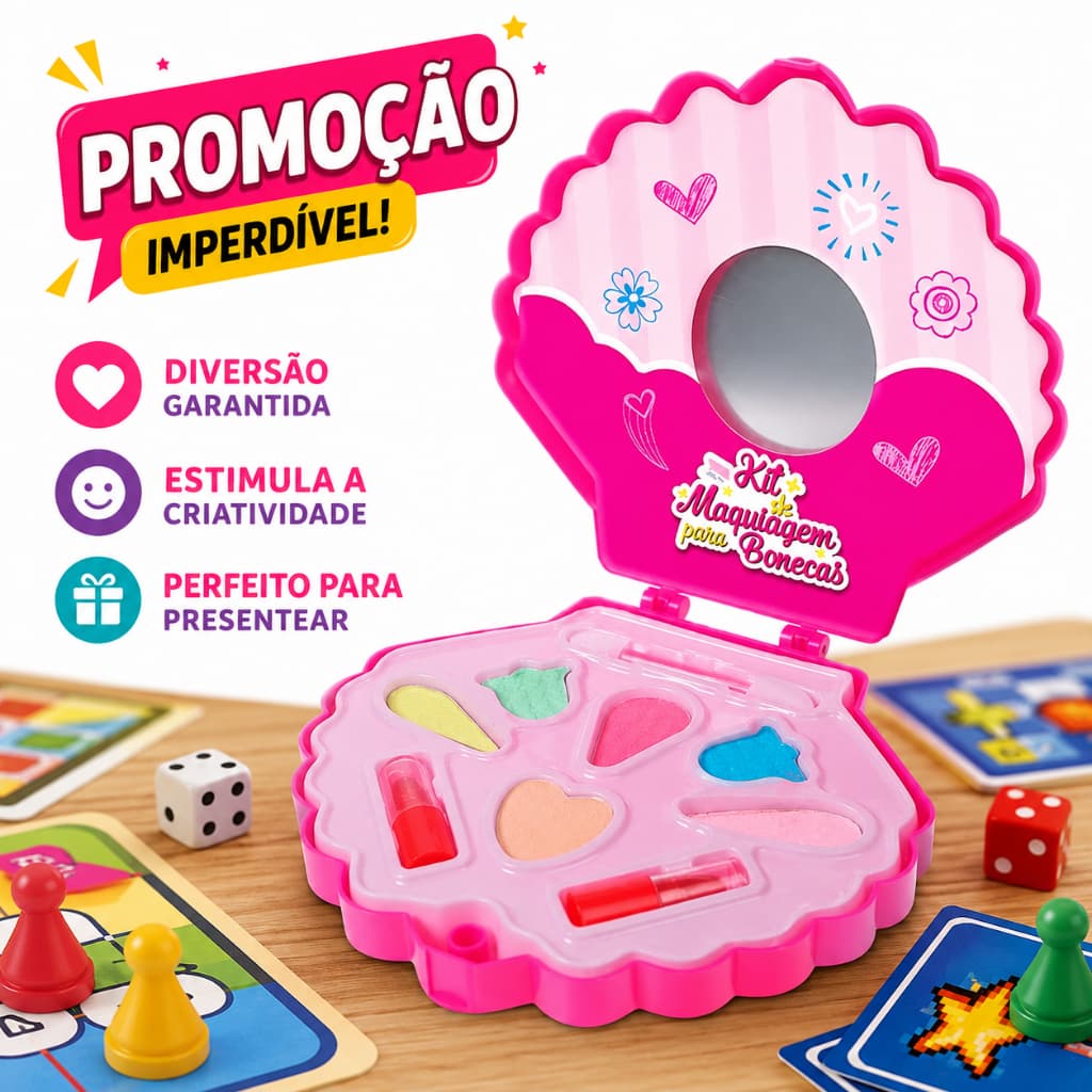 Kit Maquiagem Infantil para Boneca com Espelho Estojo de Beleza Brinquedo