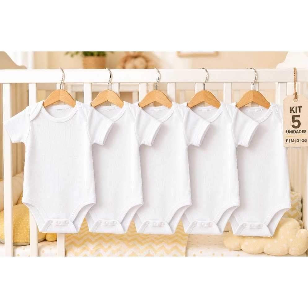 Body para bebe kit 5 peças 96% poliester 4% elestano cor branca bory para bebe para sublimação