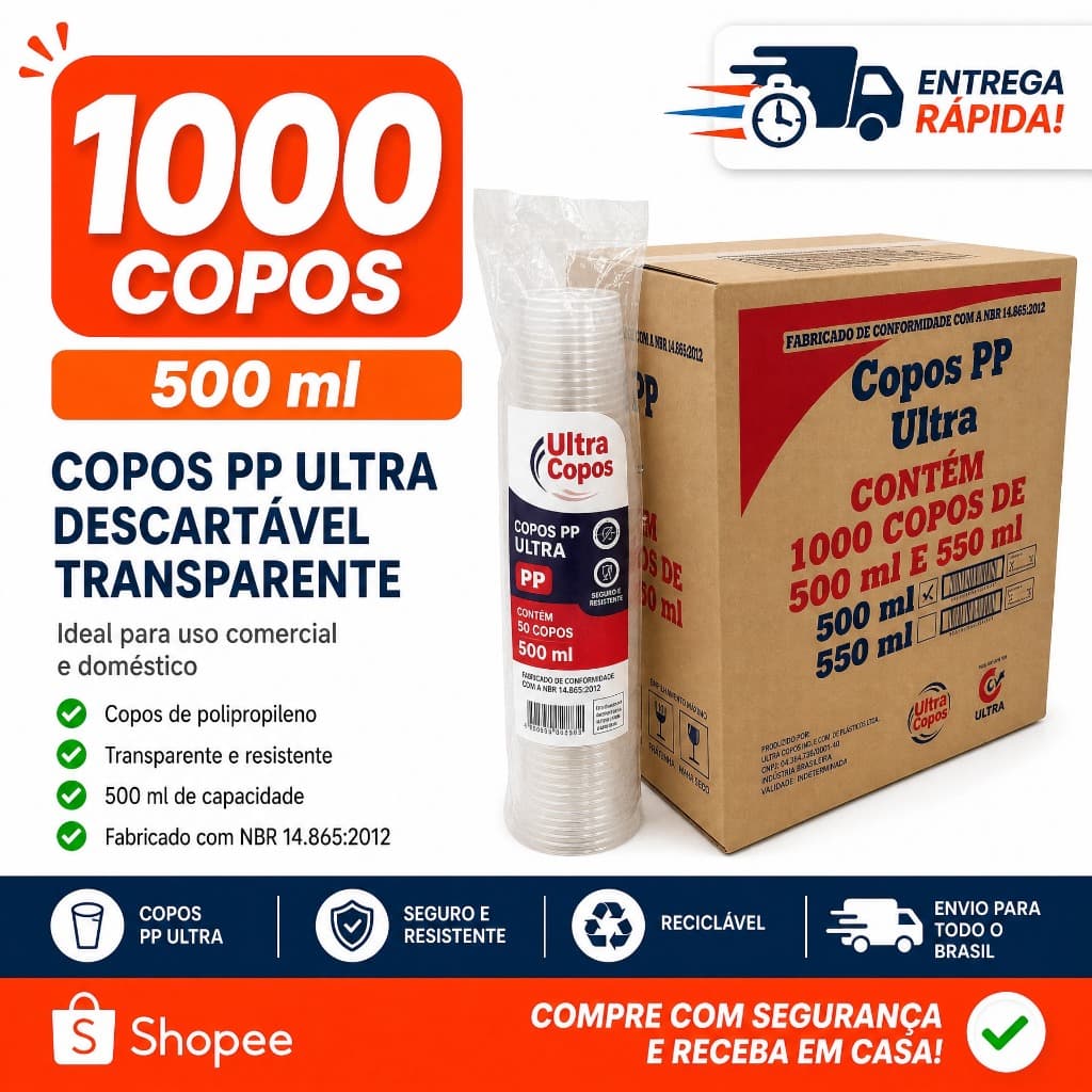 Copo Ultra Transparente Liso de 500ml - Caixa com 1000 Unidades