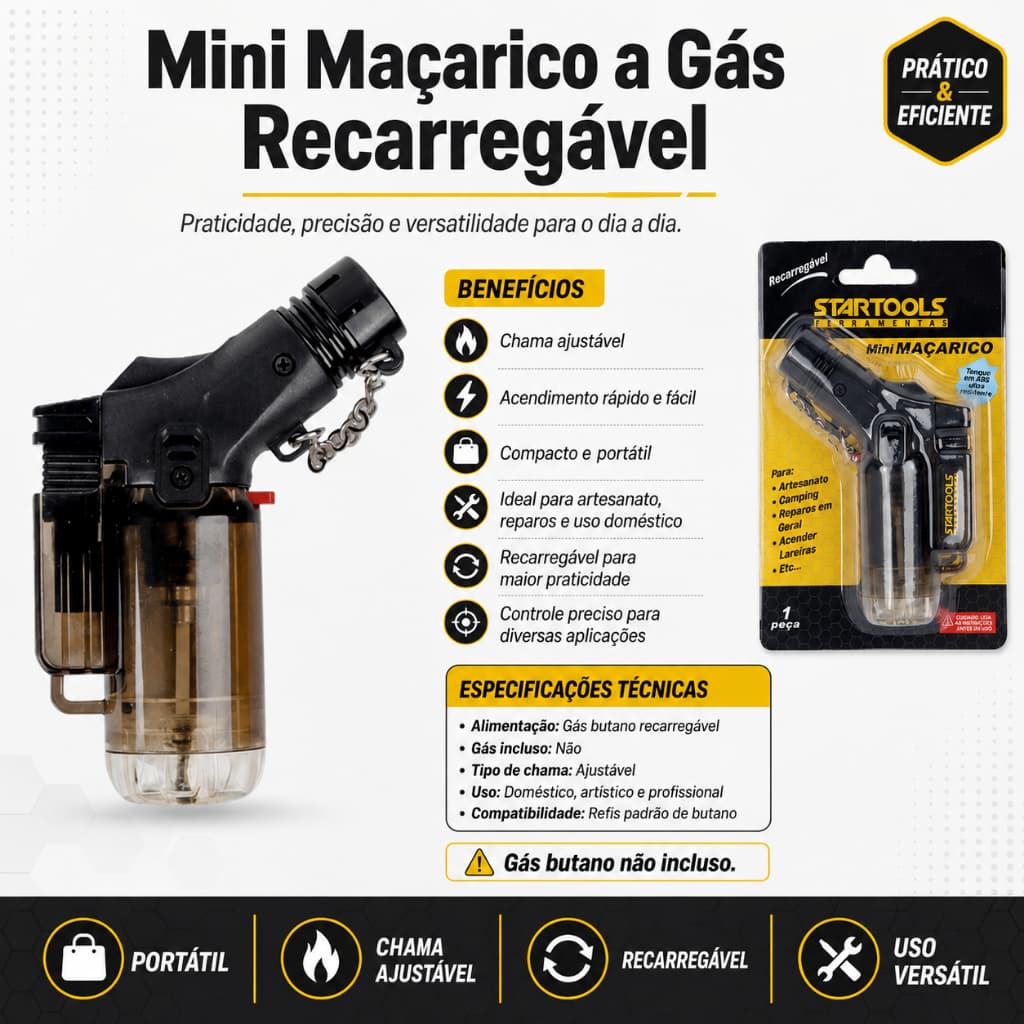 Maçarico A Gás Culinário Portátil Recarregável Mini Ferramenta Chama Longa Alta Temperatura Uso Profissional Caseiro