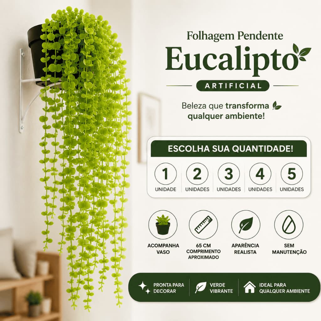Folhagem Pendente Artificial Eucalipto 65cm com Vaso Decorativo Kit 1 a 5 Unidades Planta Artificial
