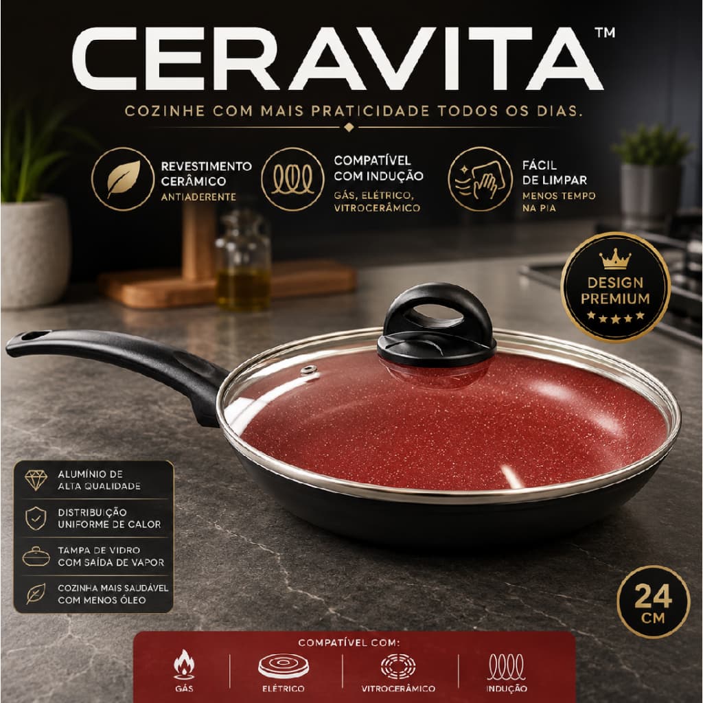 Ceravita™ Frigideira Cerâmica Antiaderente 24cm com Tampa | Compatível com Fogão a Gás,Elétrico, Vitrocerâmico e Indução