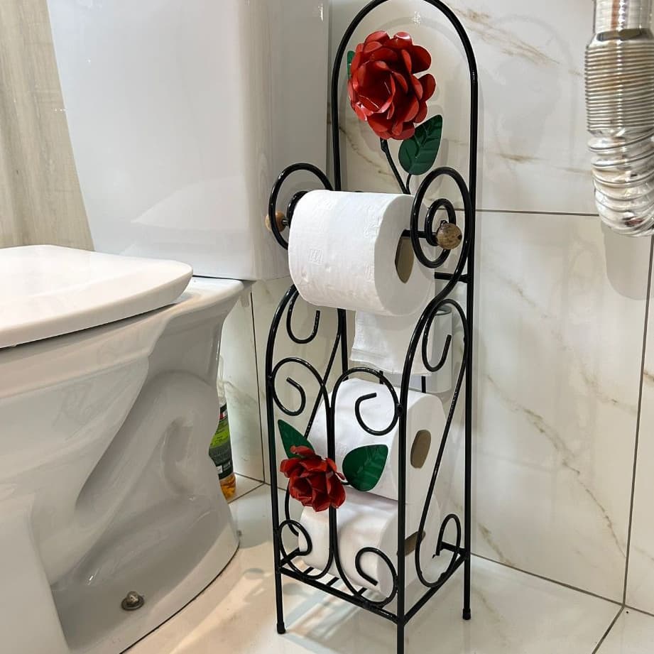 Suporte porta papel higiênico em ferro e flor artesanal decoração chão banheiro lavabo exclusivo