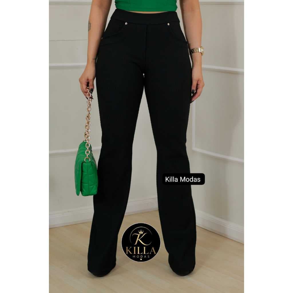 calça flare boca de sinoem  jacquard com rebite ,bolsos e cintura alta