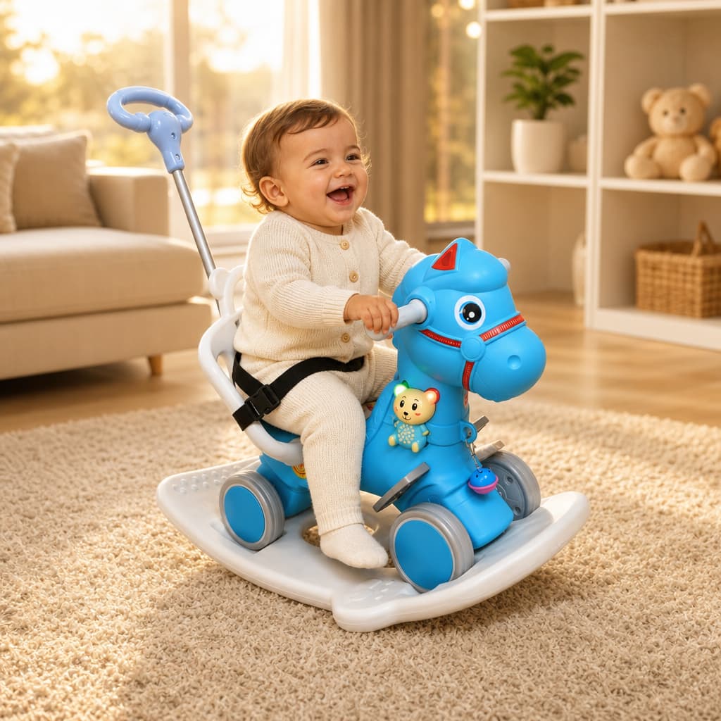 Cavalinho Infantil Multifuncoes Azul Com Empurrador Balanço Luzes Sons Brinquedo Educativo