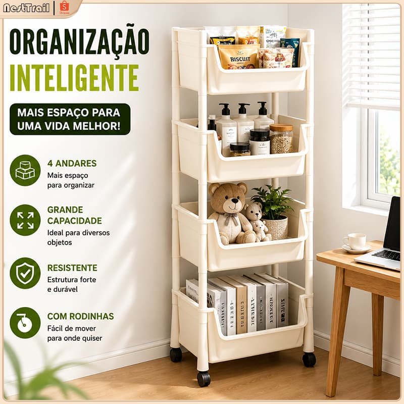 Carrinho Organizador Vertical com Rodas, Carrinho Multiuso 3, 4 ou 5 Andares para Livros, Brinquedos e Objetos