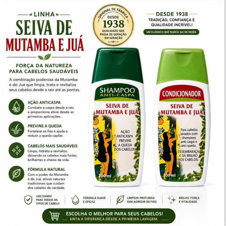 Kit Shampoo E Condicionador Seiva De Mutamba E Juá 200ml Anticaspa e Fortalecimento Seiva de Mutamba