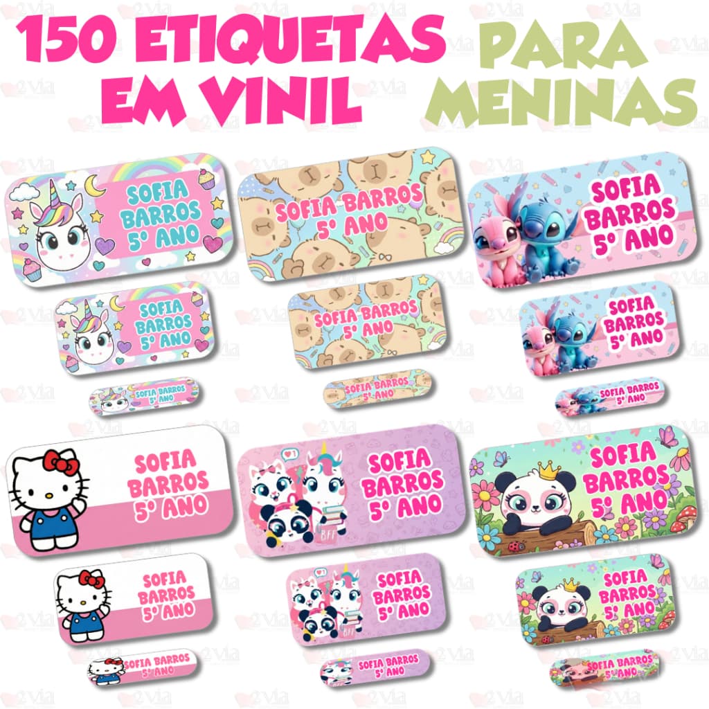 150 Etiquetas Adesivo Escolar PARA MENINAS Com 3 Medidas A Prova D'água Personalizada Com Recorte