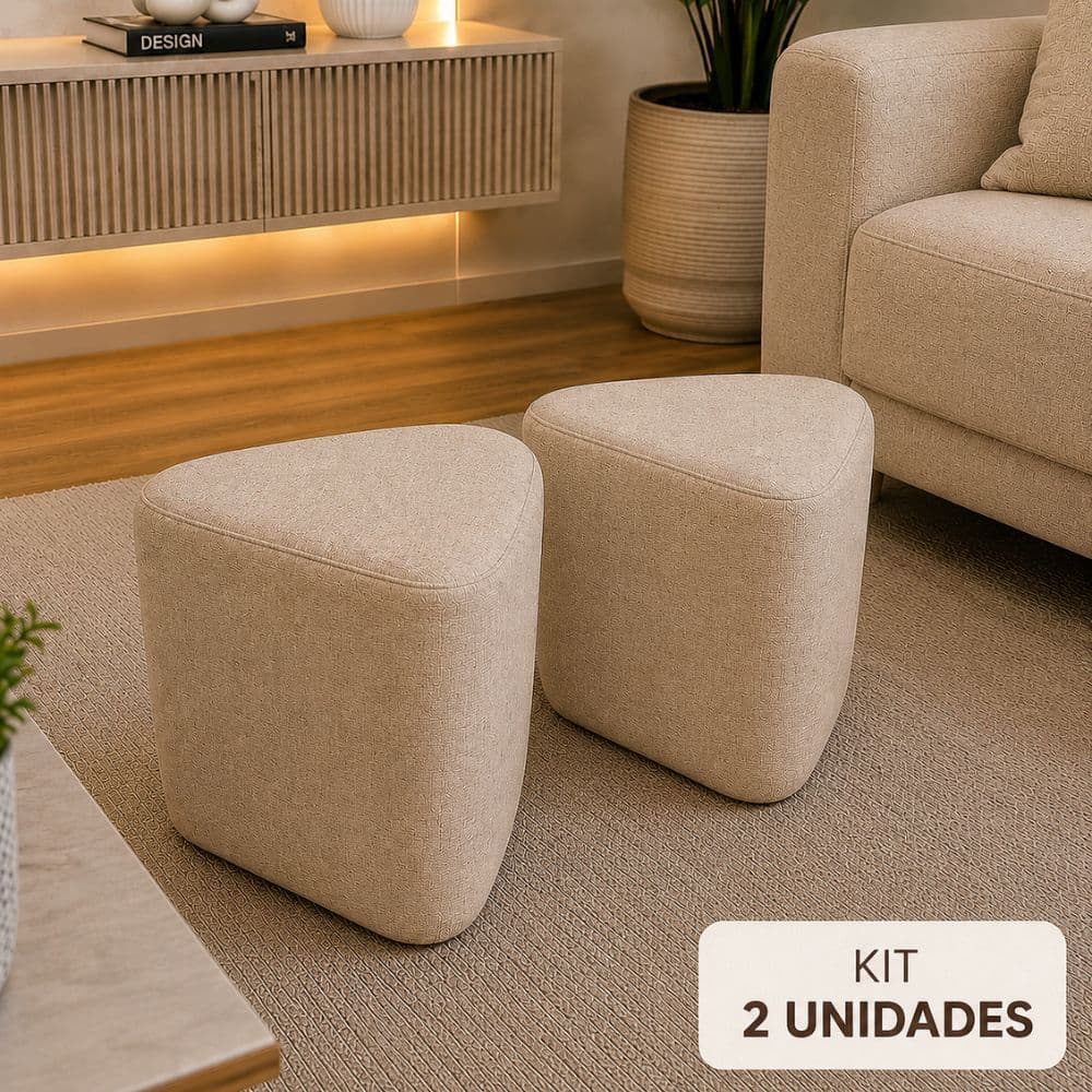 Kit 02 Puff Orgânico Triângulo Banquinho Decorativo para Sala Recepção e Quarto Linho Bege