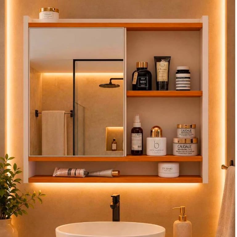 Armário Espelheira Aqua Suspensa - Espelho - Nichos Organizadores - Prateleira Multifuncional - Banheiro Moderno