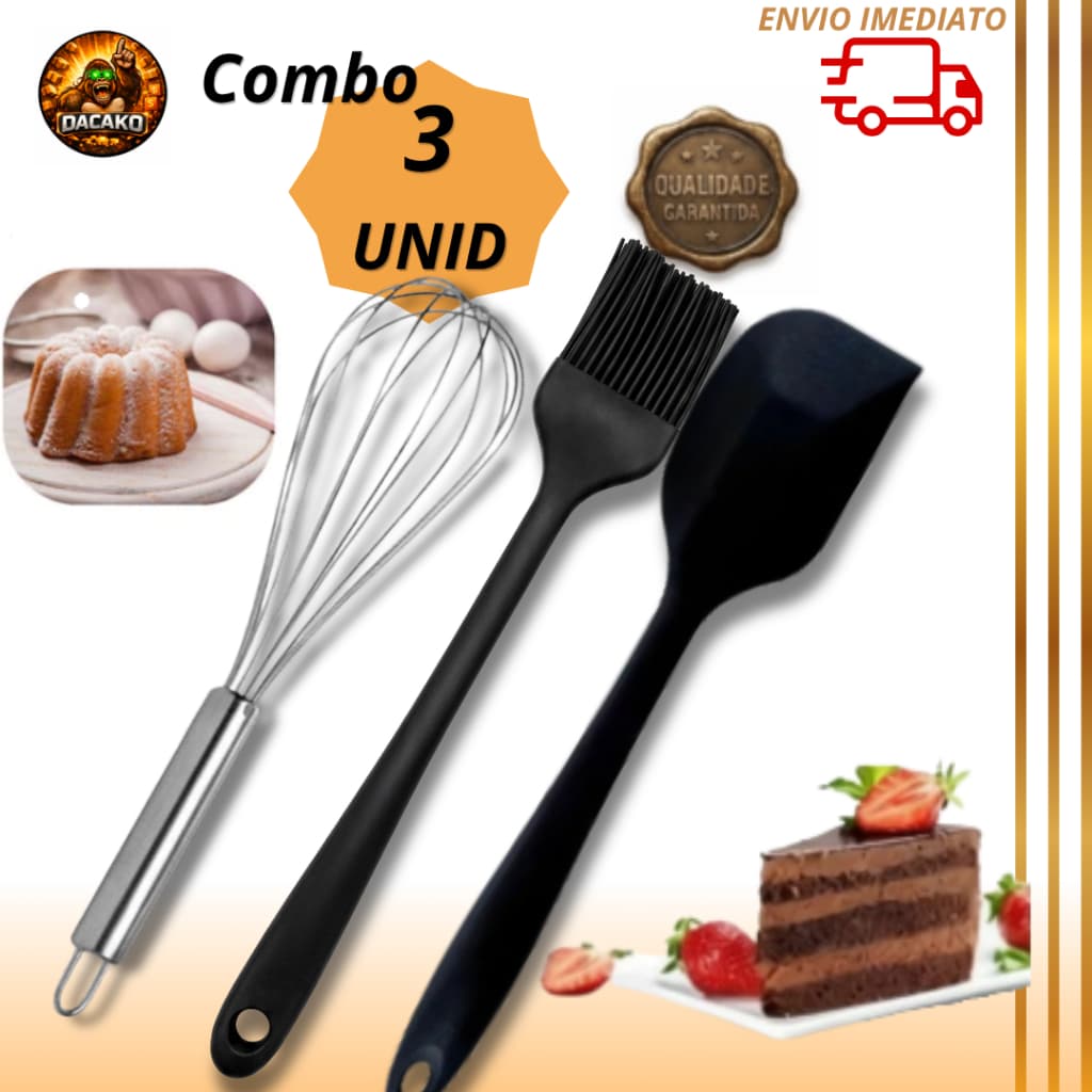 Combo Pincel Culinário Silicone Espátula Reta Pão Duro e Batedor de Clara Fue Cozinha Chef