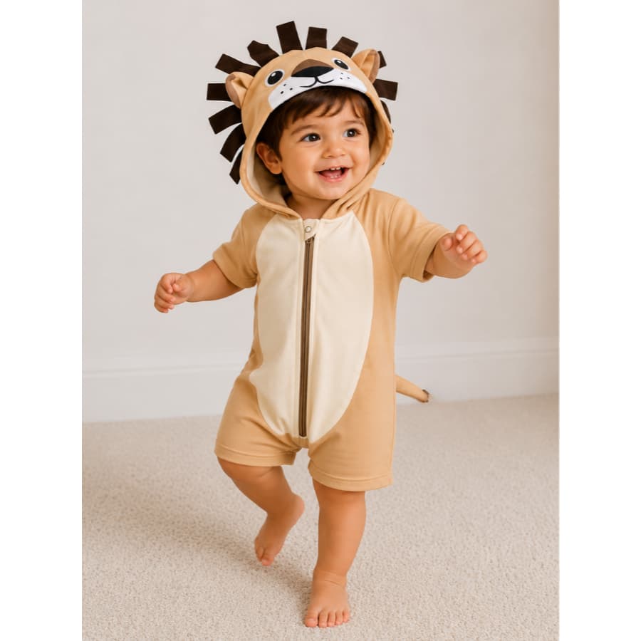 Fantasia Infantil do Leão Com Rabinho e Capuz Com Juba Roupa Macacão Com Zíper de Bichinho Menino e Menina