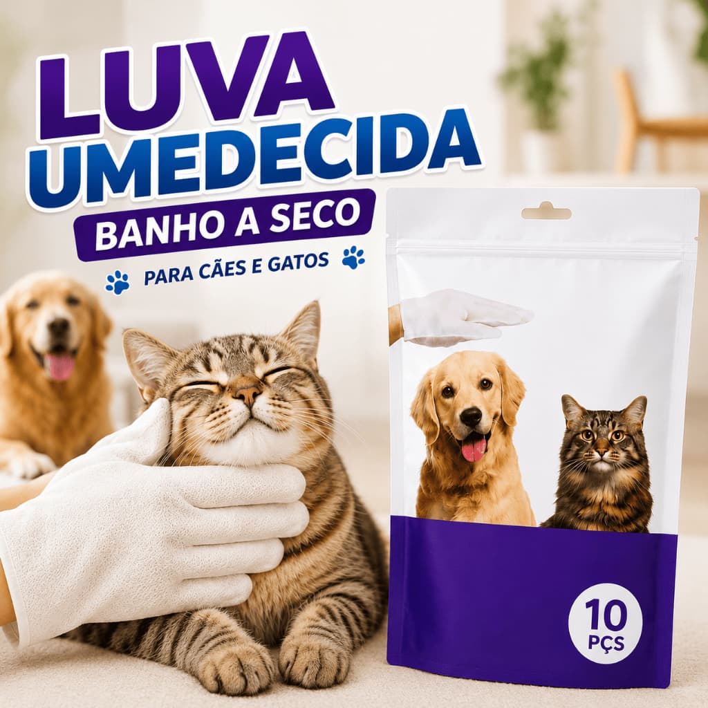 Luva Umedecida Pet Banho A Seco Descartável Higiene Limpeza Para Cachorro Gato 10 Unidades