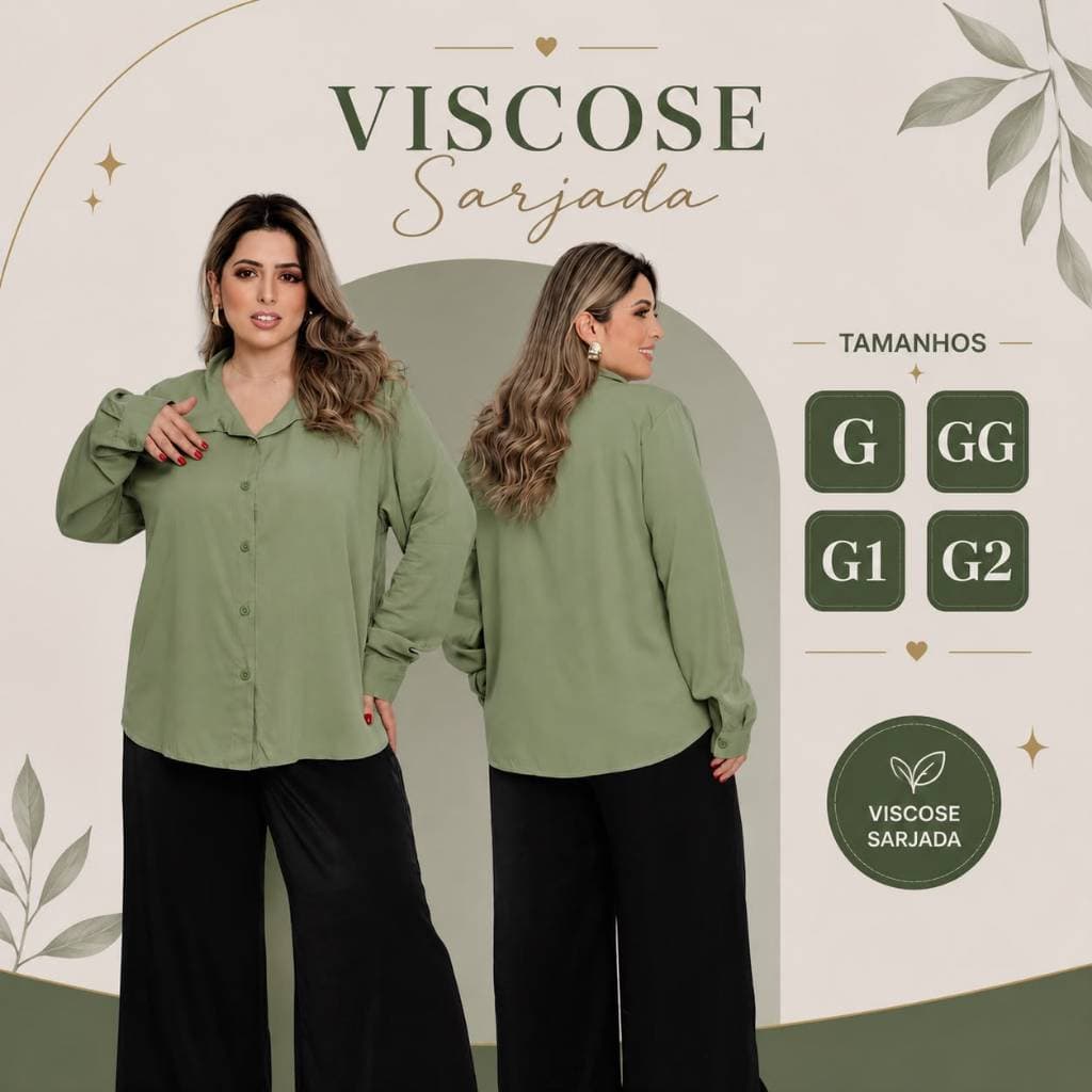 Camisa Feminina Plus Size Viscose Sarjada Premium Blusa Social Lisa Manga Longa Botões