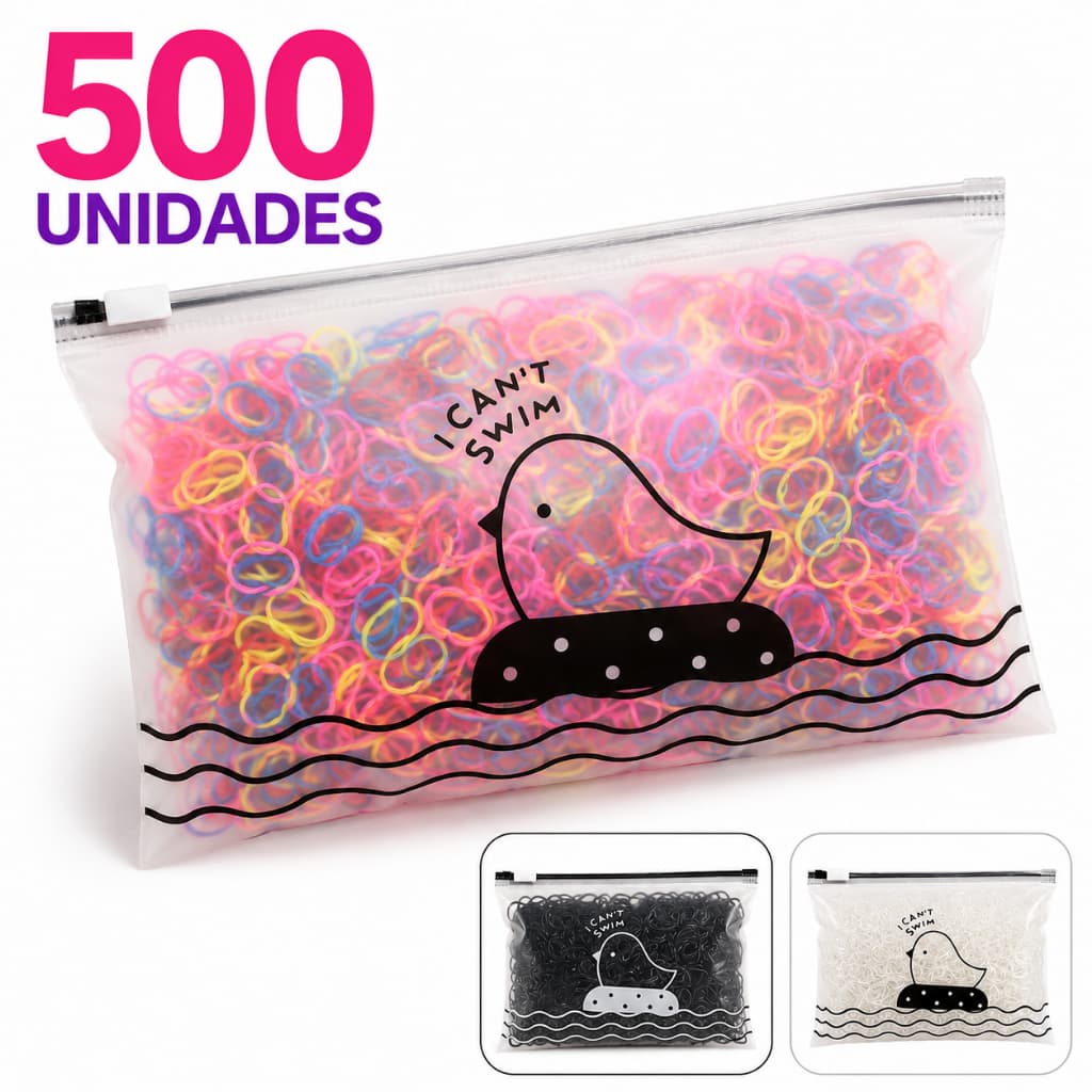 Kit 500 Mini Elásticos de Cabelo com Bolsa Liguinha Borrachinha Colorido Preto ou Transparente