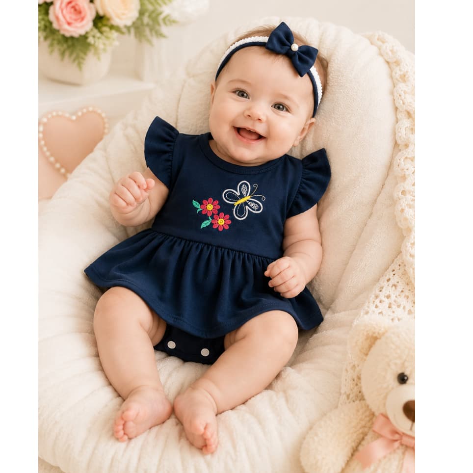 Body Vestido Sainha Bebê Menina com Faixinha de Cabelo Recém-Nascida 0 a 3 Meses
