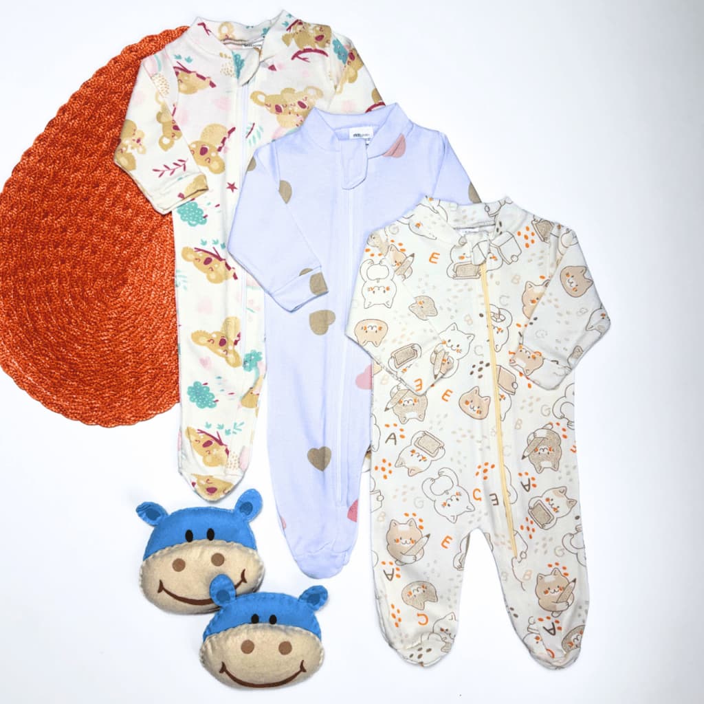 Kit 03 Macacão Suedine 100% Algodão Estampado Menino e Menina Zíper lateral
