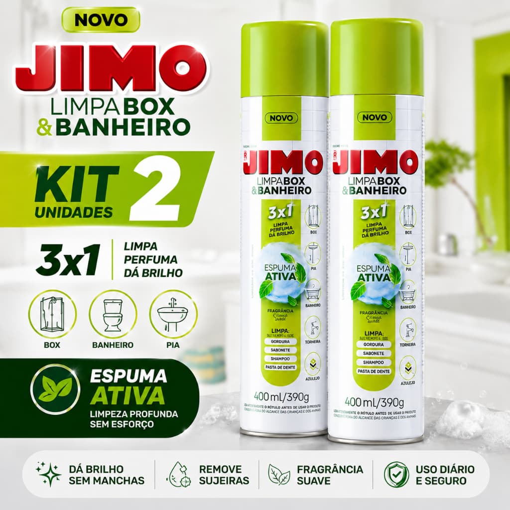 Kit 2 Limpa Box Banheiro JIMO 400ml Spray Remove Calcário Mancha Água e Sabão Tira Limo e Mofo Vidro