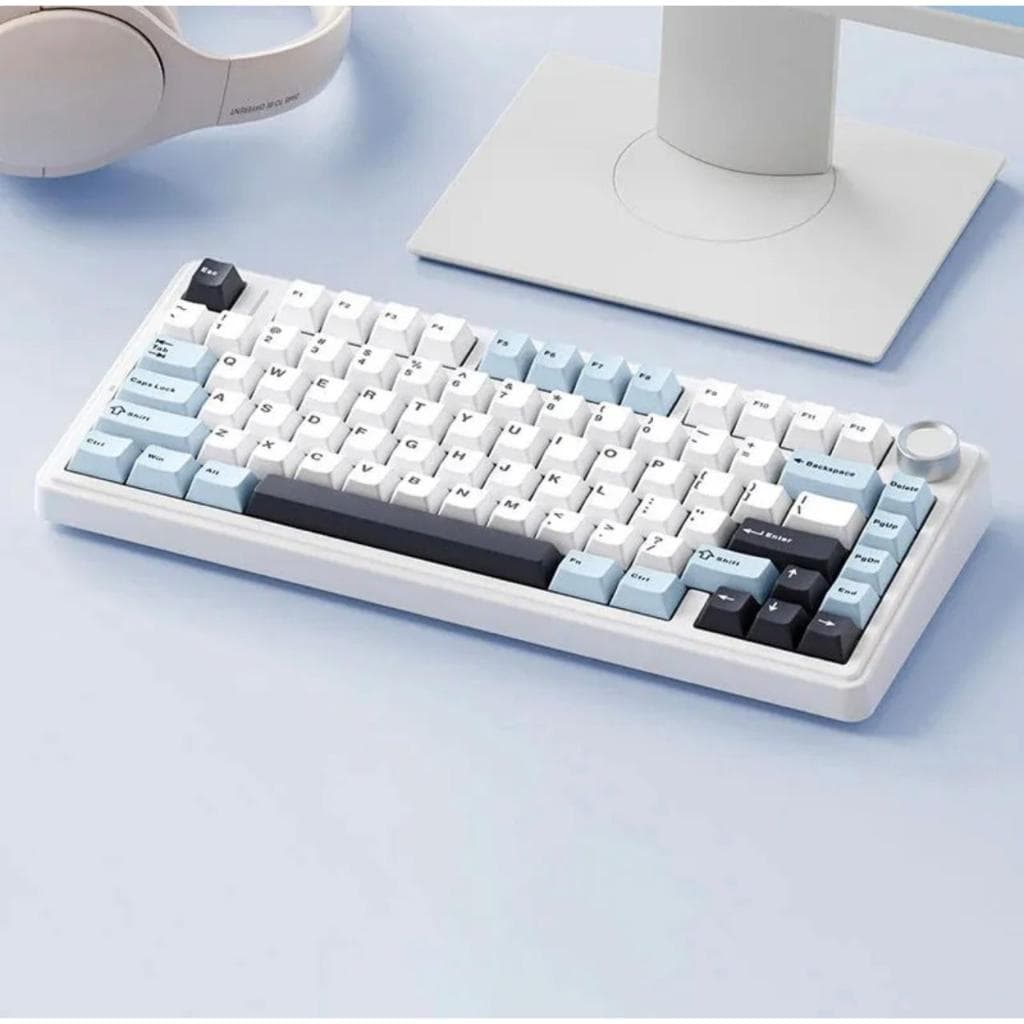 TECLADO MECÂNICO AULA F75 TRI MODE, AZUL COM BRANCO.