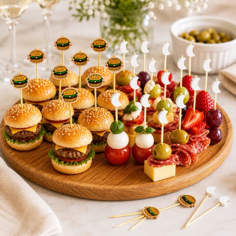 Kit 50 até 100 Palitos De Bambu Para Petiscos Canapés Festas Drinks Decorativo Descartável Diversos Modelos