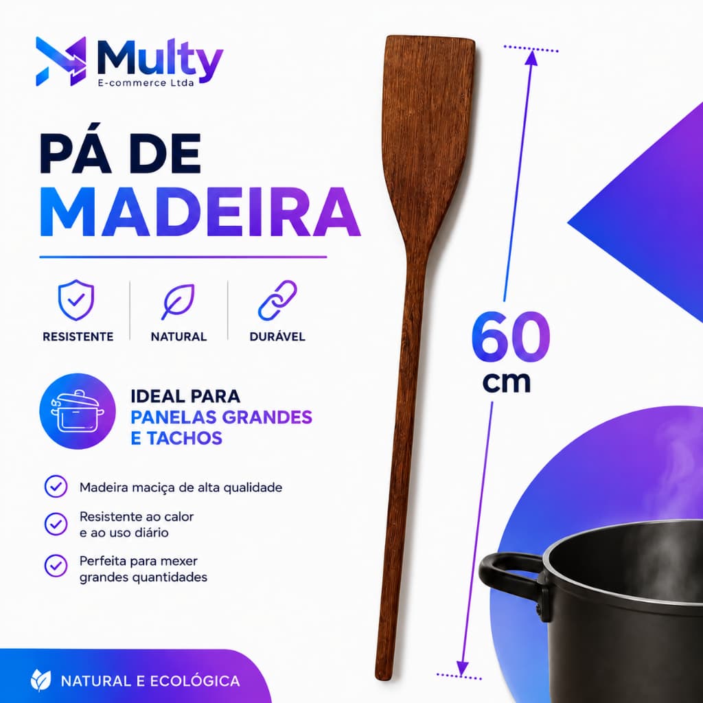 Pá de Madeira 60cm Reforçada Madeira Maciça de Alta Qualidade Artesanal Rústica