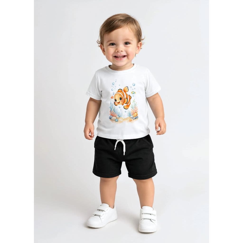 Conjunto Bebê Menino Roupa Infantil Camiseta Fundo do Mar Peixinho + Bermuda Verão Algodão