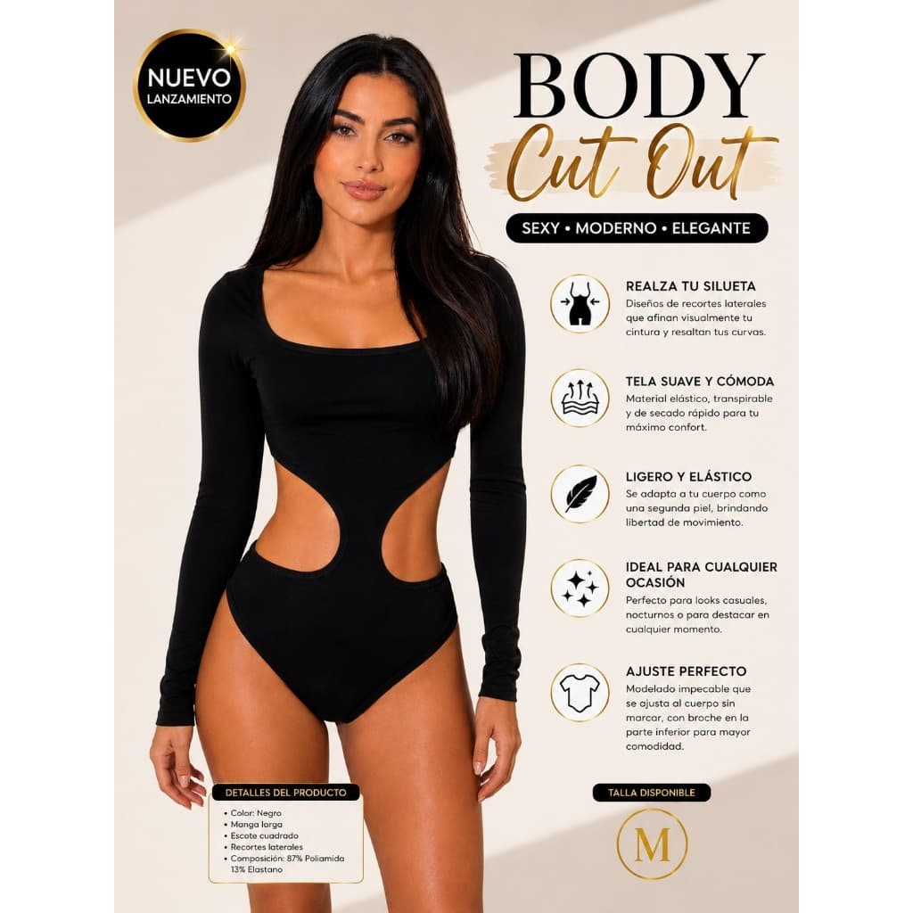 Body Feminino Manga Longa Elegante com Acabamento Cut Out – Modelagem Ajustada, Tecido Suplex Confortável