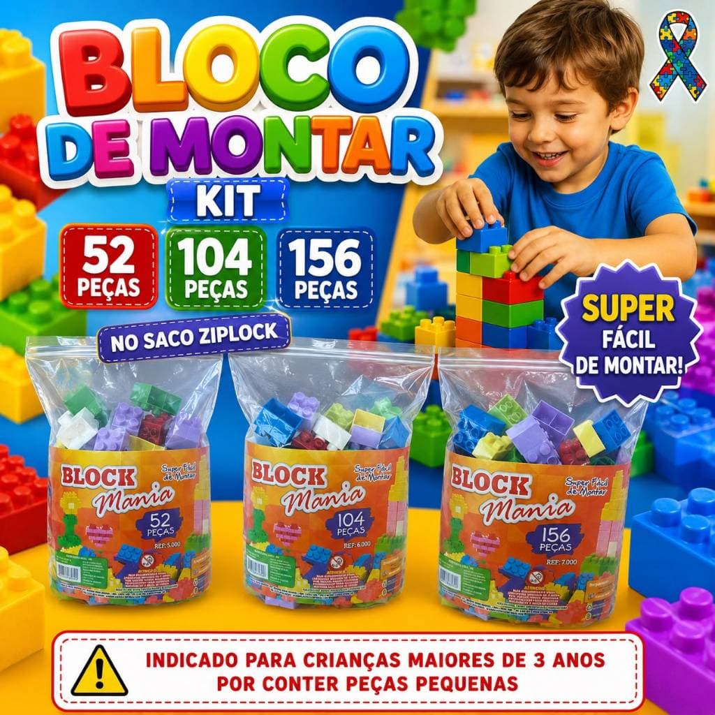 Blocos De Montar No Saco Ziplock 52/104/156 Peças Coloridas Brinquedo Educativo Para Crianças Presente Infantil