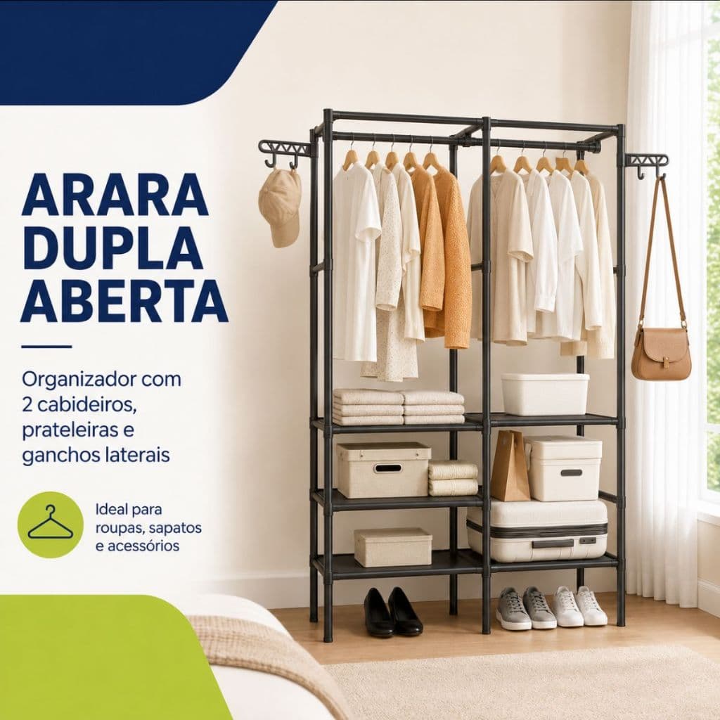 Roupeiro Guarda Roupa Portatil Cabideiro Arara 2 Divisões Para Roupa Sapateira Organizador Multiuso Armário Closet