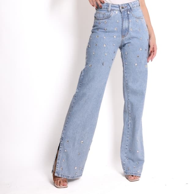 INFINITO MODA Calça Jeans Wide Leg COM PEDRA ABERTA PERNA MODA FEMINIA LANCAMENTO