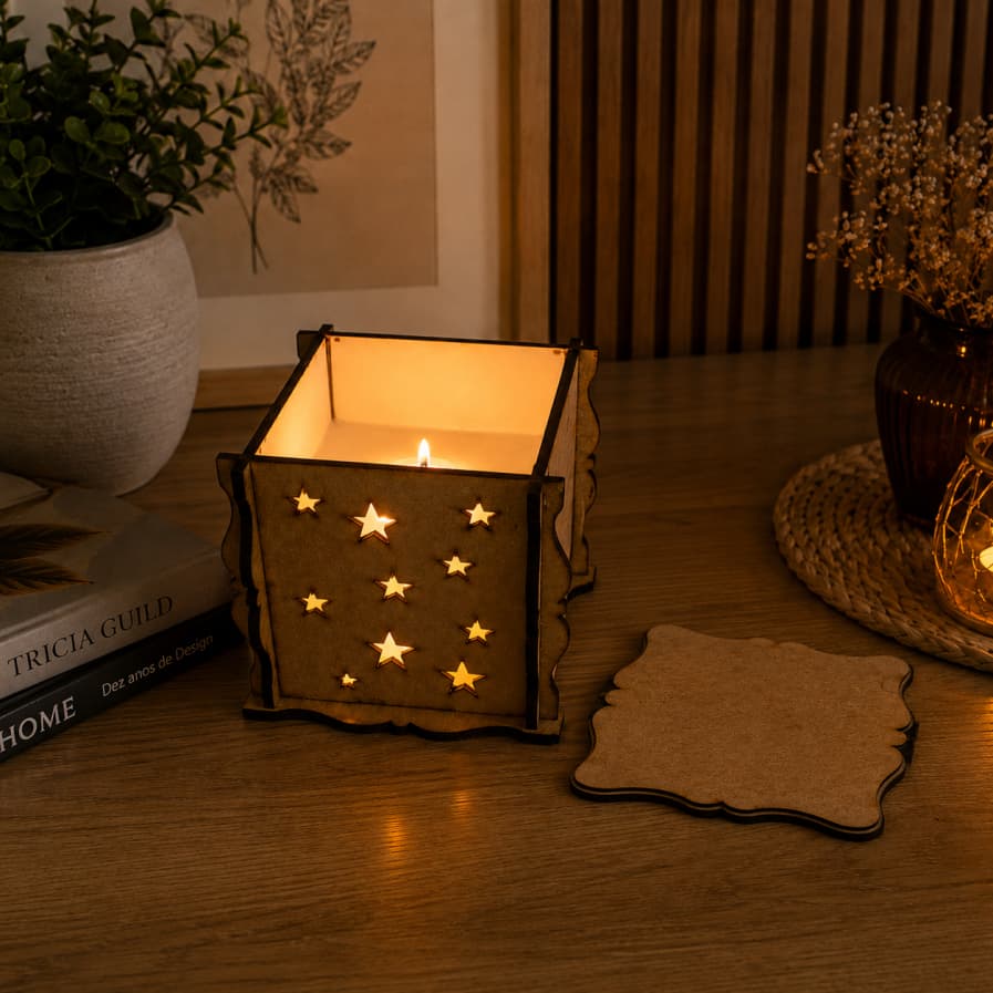 Pote para vela em mdf com tampa, vela aromática, essência, pavio, vela decorativa.