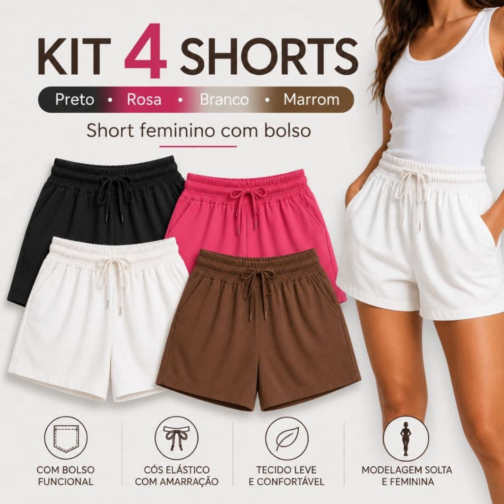 Kit 4 Shorts Femininos Alfaiataria Basico  Cintura Alta com Elástico, Cordão e Bolsos – Confortável, Soltinho e Elegante