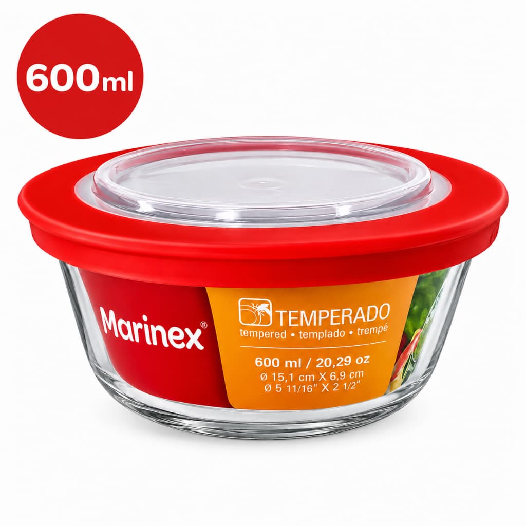 Tigela Redonda Prática Marinex 600 Ml Vidro Com Tampa Vermelha Pote