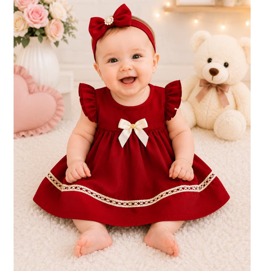 Vestido Princesa Bebê Menina com Laço no vestido Delicado Batizado Festa e Mesversário 3 a 6 Meses