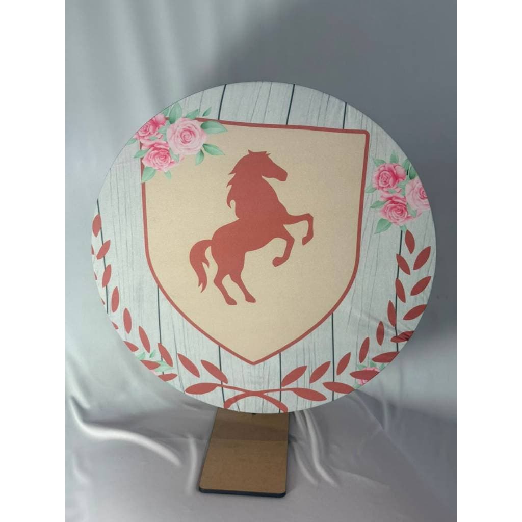 Kit Mini Painel Redondo de Mesa 50cm + Tecido Tema Cavalo floral Decoração Festa Aniversário