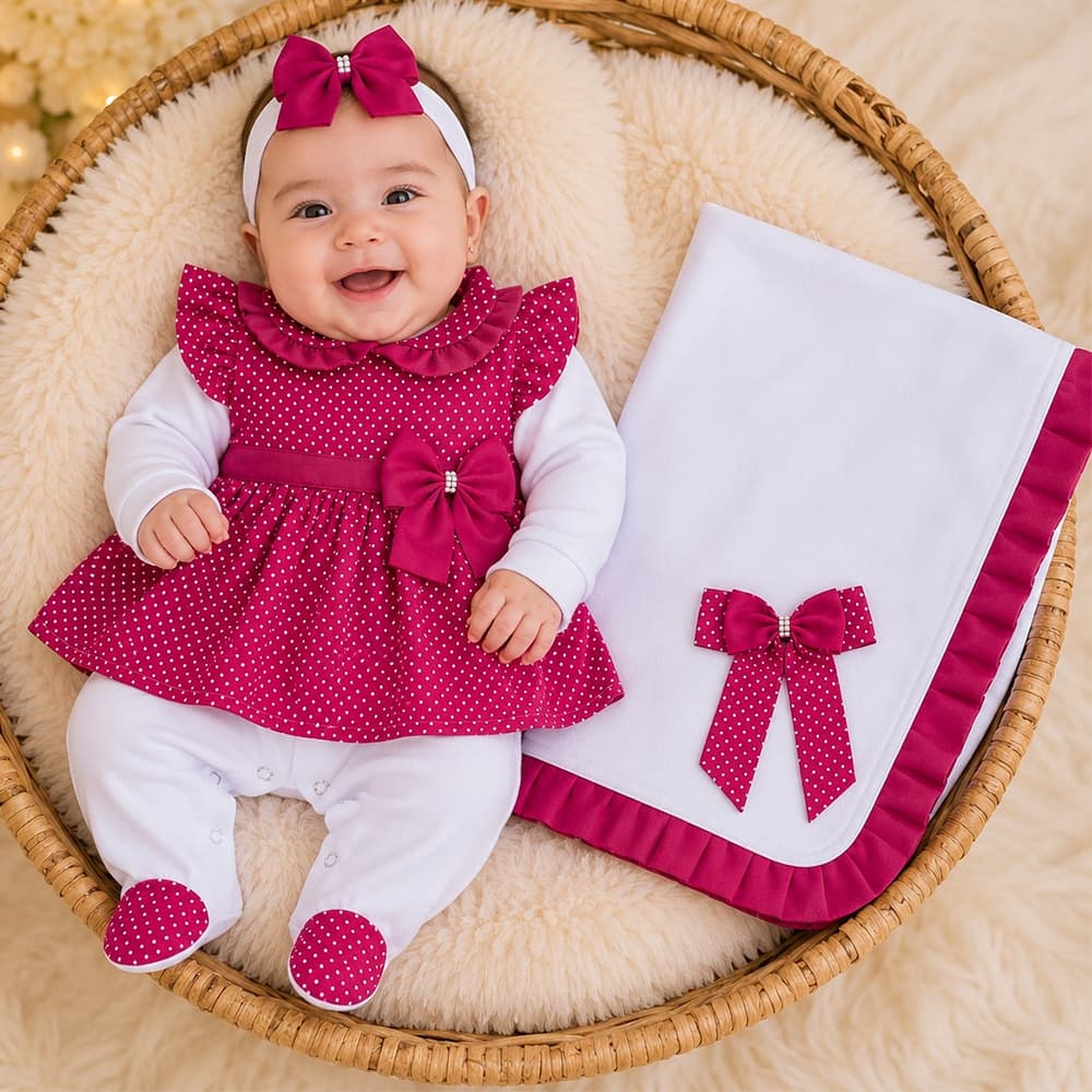 Saída De Maternidade Menina Bebê Maya Poá 05 Peças Rosa Glamour