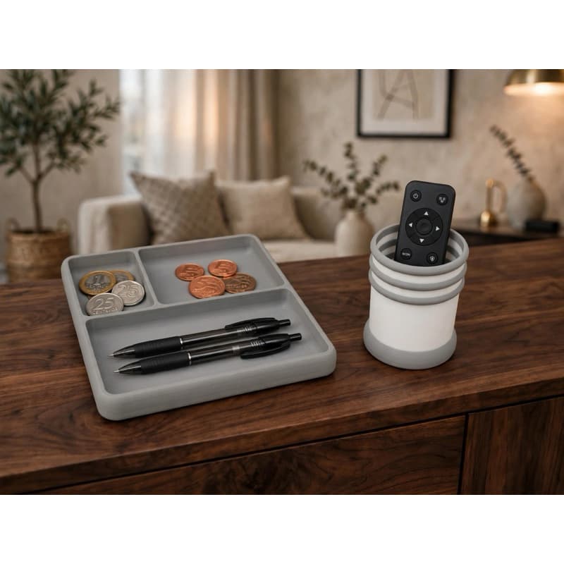 Kit Organizador Multiuso 2 Peças - Bandeja 3 Divisórias + Porta Controle Remoto / Porta Canetas - Impressão 3D Decor