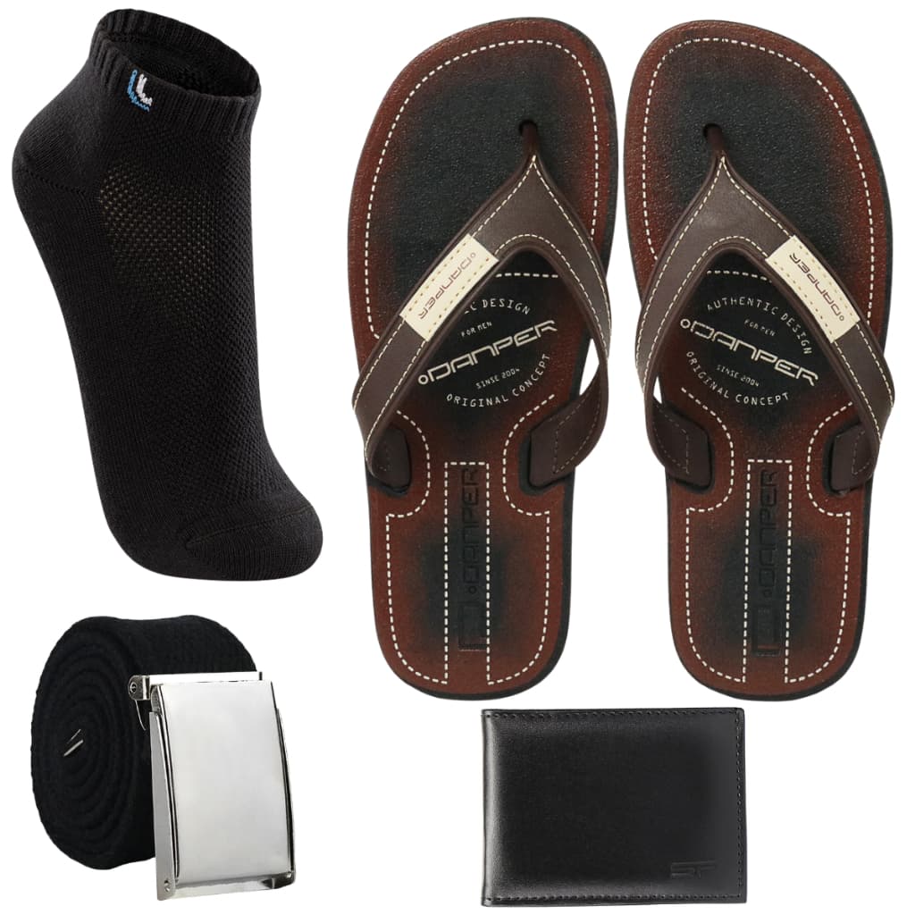 Kit Chinelo Masculino Café Marrom + Carteira + Meia Algodão + Cinto Gorgurão