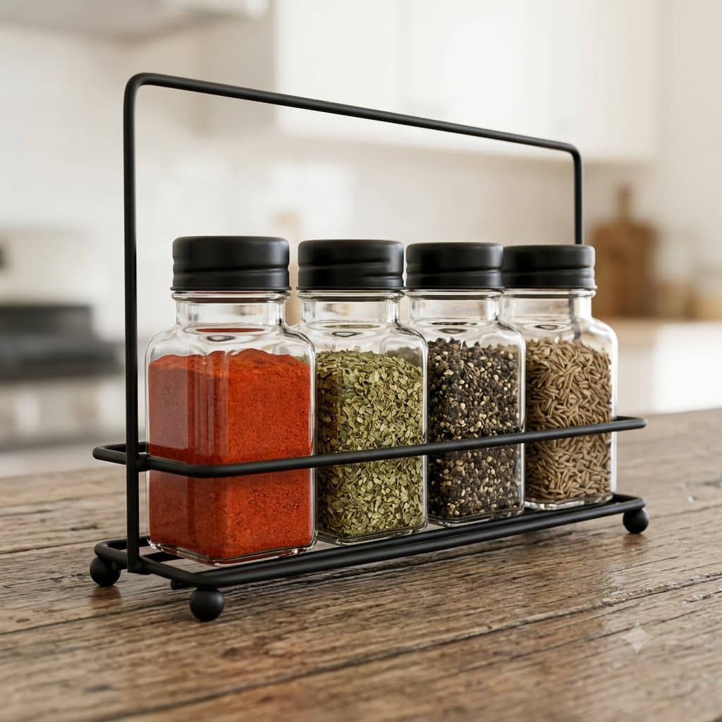 Cesto Porta Temperos Condimentos Com 4 Potes de Vidro Suporte Preto Cozinha