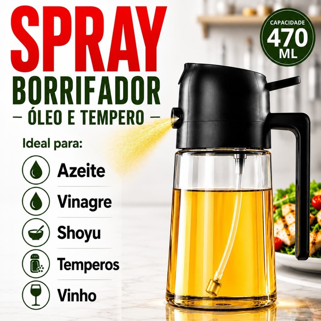 Spray Borrifador Galheteiro de Vidro 470ml Dosador Pulverizador Azeite Vinagre Óleo Temperos Cozinha