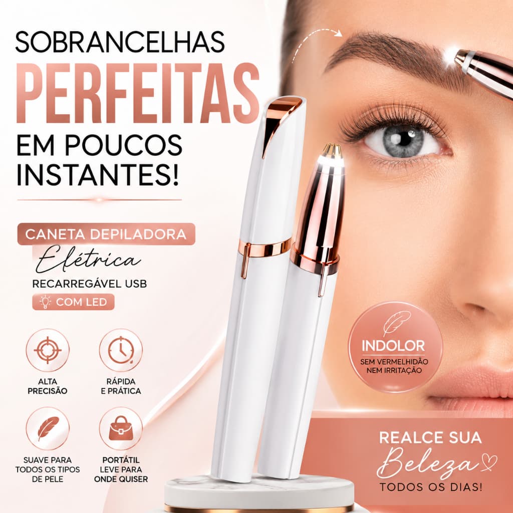 Depilador de Sobrancelha Elétrico Recarregável USB com LED Removedor de Pelos Faciais | Caneta Depiladora Portátil