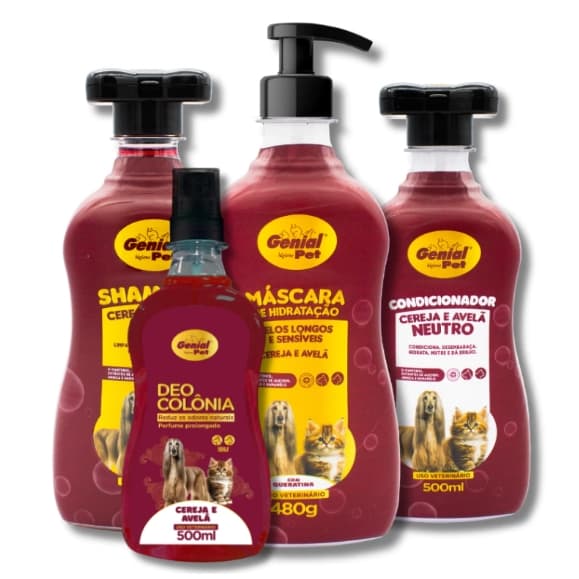 Kit Banho Pet Shampoo 5 em 1 Mascara Condicionador Colonia Cereja e Avela Cães e Gatos Genial Pet