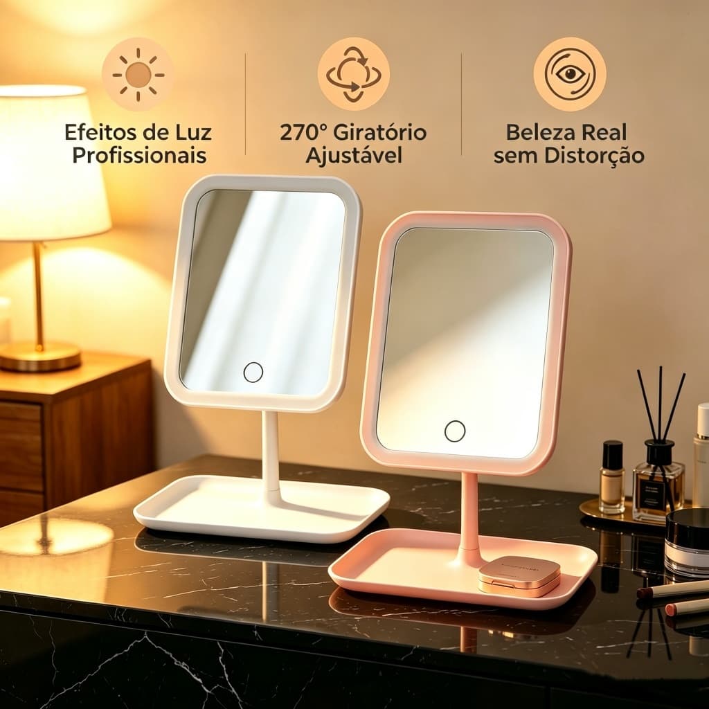 Espelho de Maquiagem LED com Luz 3 Tons Recarregável USB Touch Mesa com Bandeja Luzes Ajustáveis