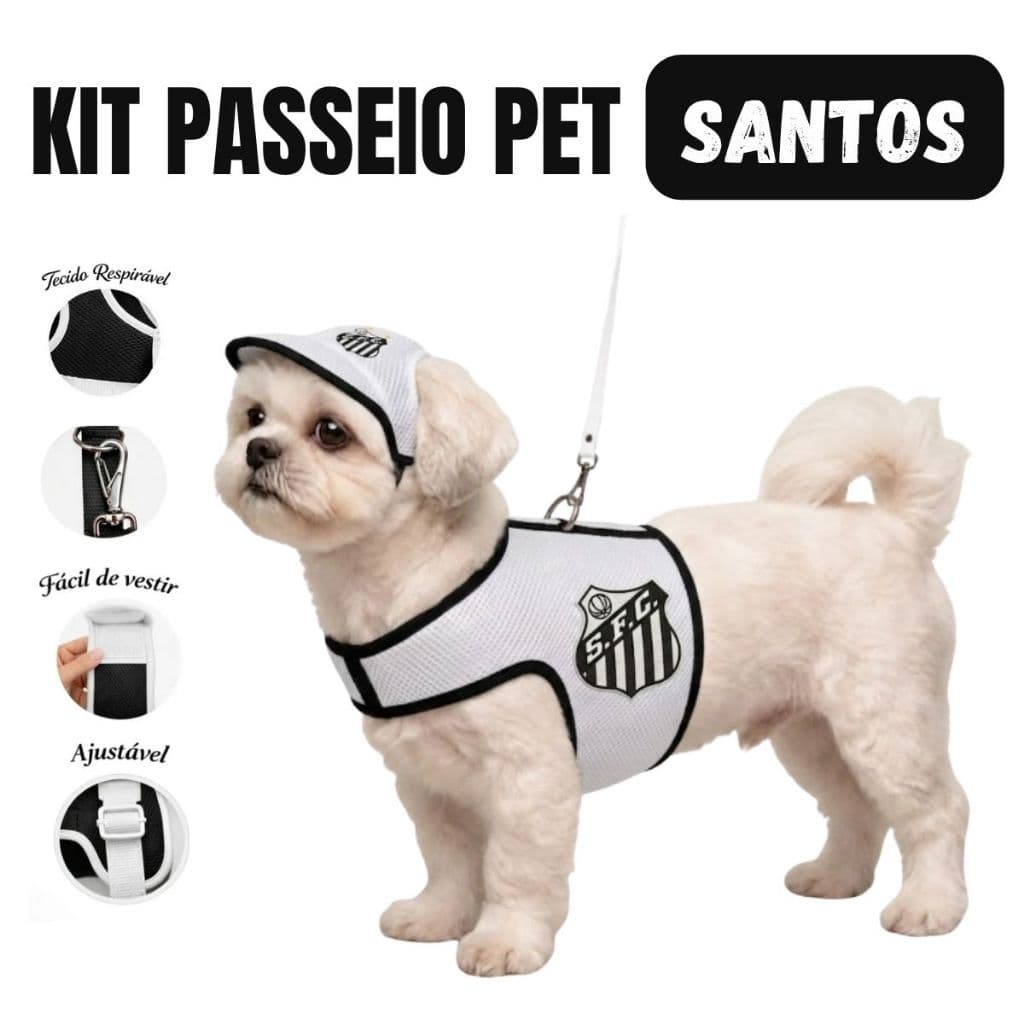 Kit Santos Colete Peitoral cachorros e gatos Time de Futebol santos com Guia 1 Metro