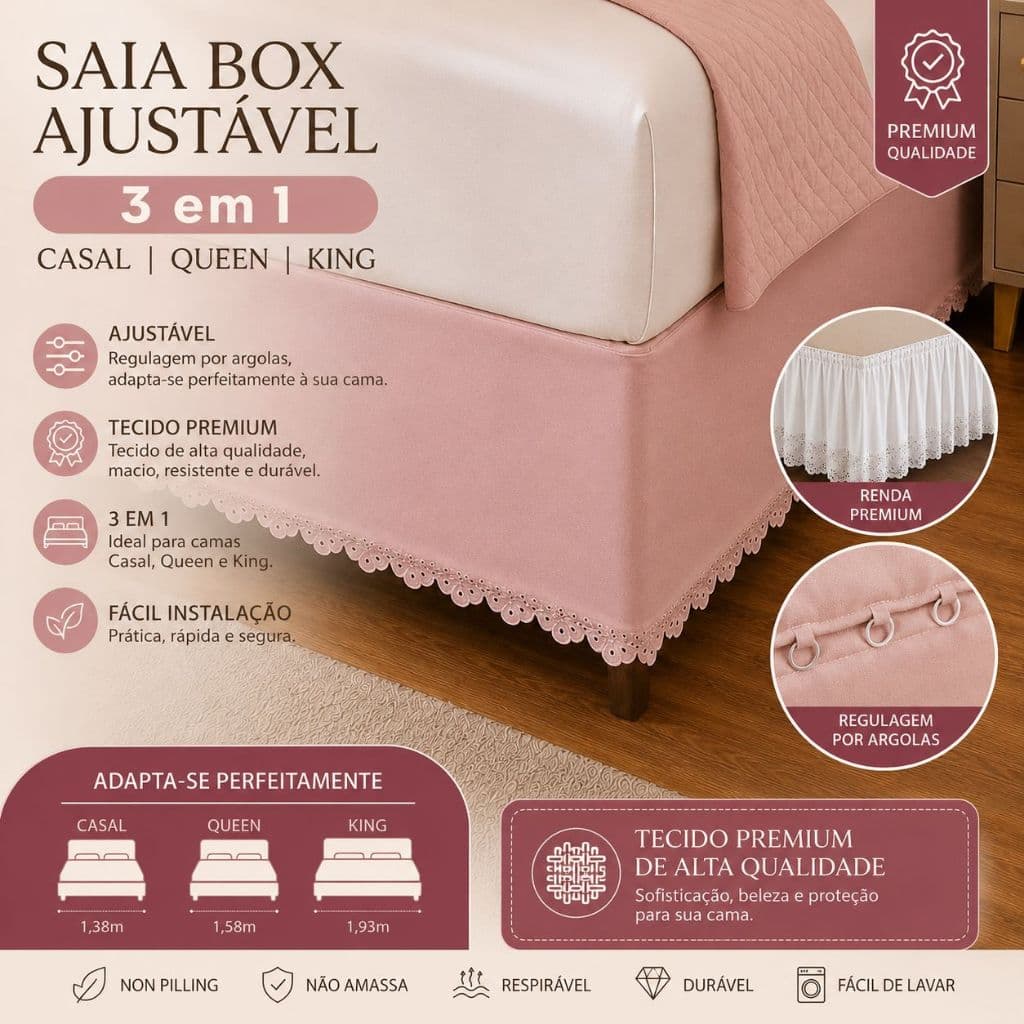 Saia Box Ajustável 3 em 1 Casal Queen King | Fácil Instalação | Tecido Premium | Regulagem por Argolas