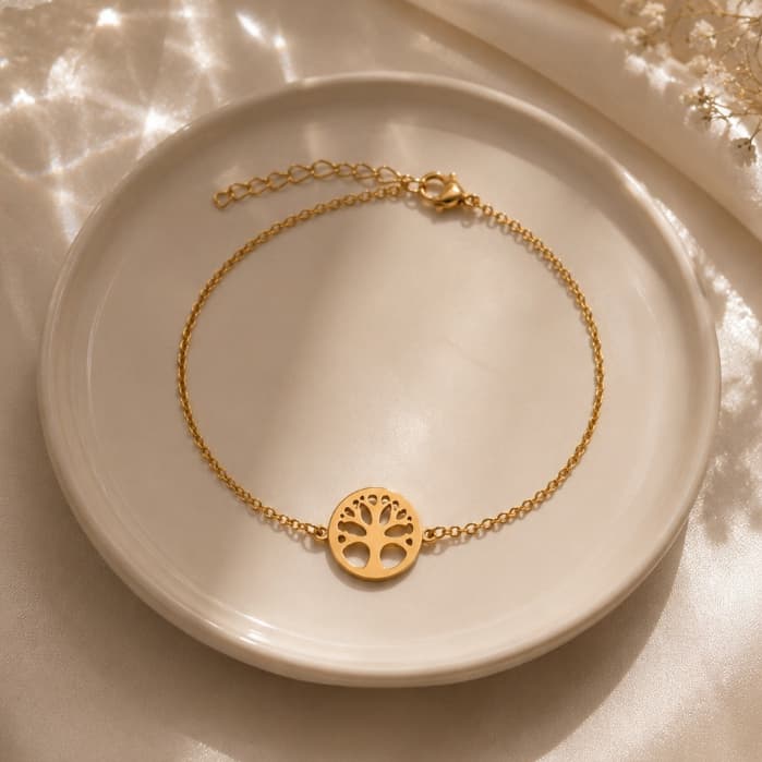 Pulseira Feminina Árvore da Vida Aço Inoxidável Não Escurece Regulável Presente