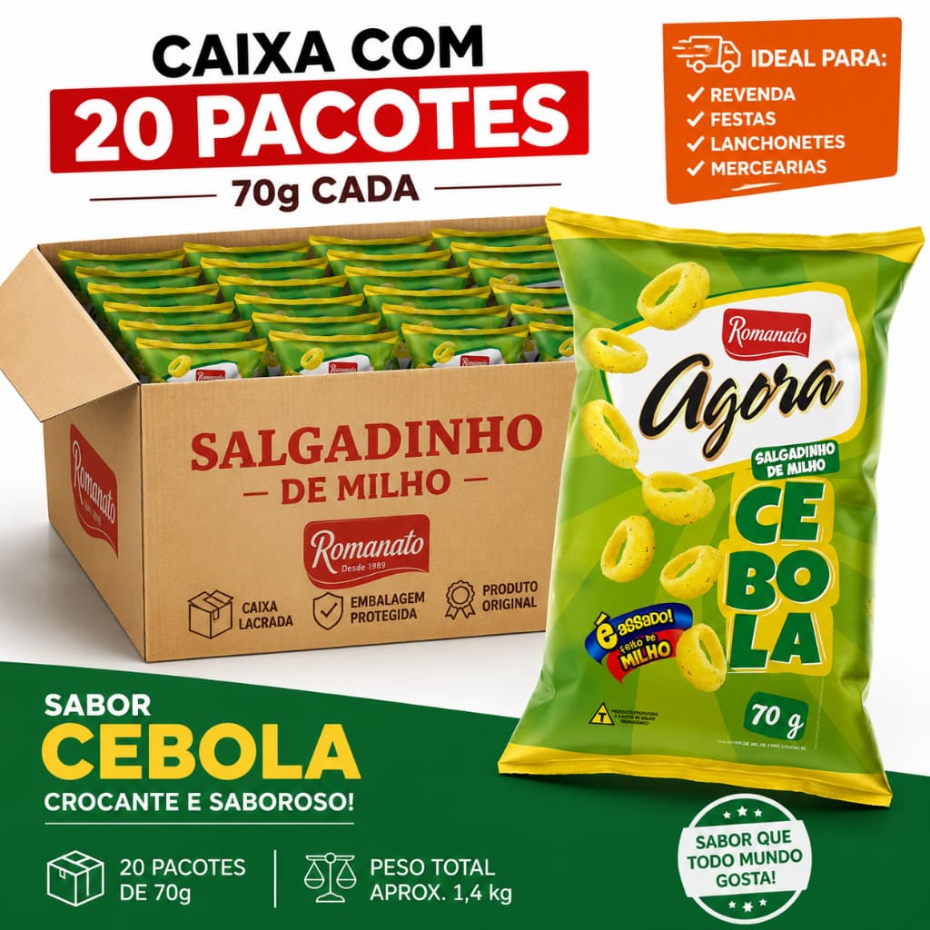 Caixa Salgadinho Romanato Chips 70g Com 20 Pacotes Sabor Queijo Cebola Presunto
